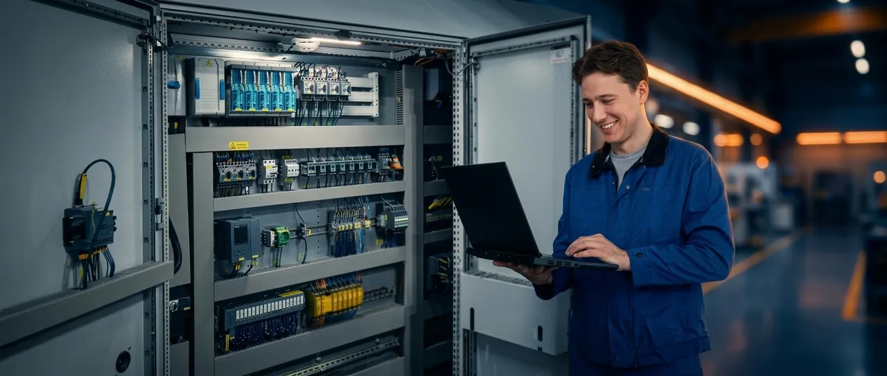 Jan Stephan mit Laptop vor einem offenen Schaltschrank in einer Werkshalle